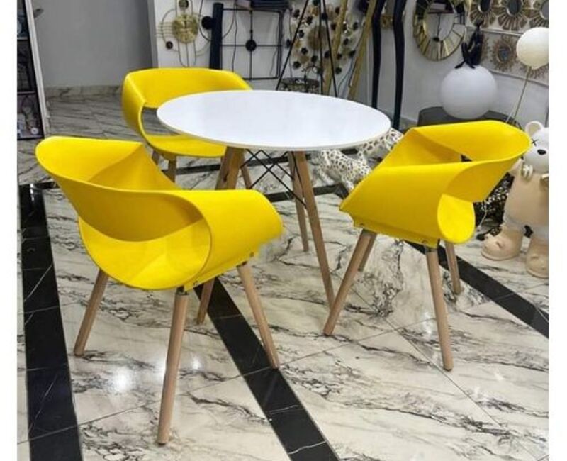 ROUND BEECHWOOD DINING TABLE WITH 3 YELLOW SITTING CHAIRS